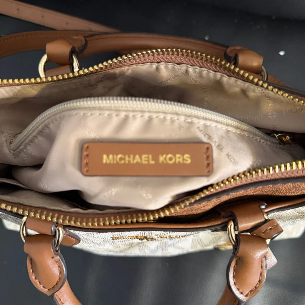 Michael Kors Mini Satchel Crossbody Vanilla MK Signature Brown Leather - Picture 6 of 8